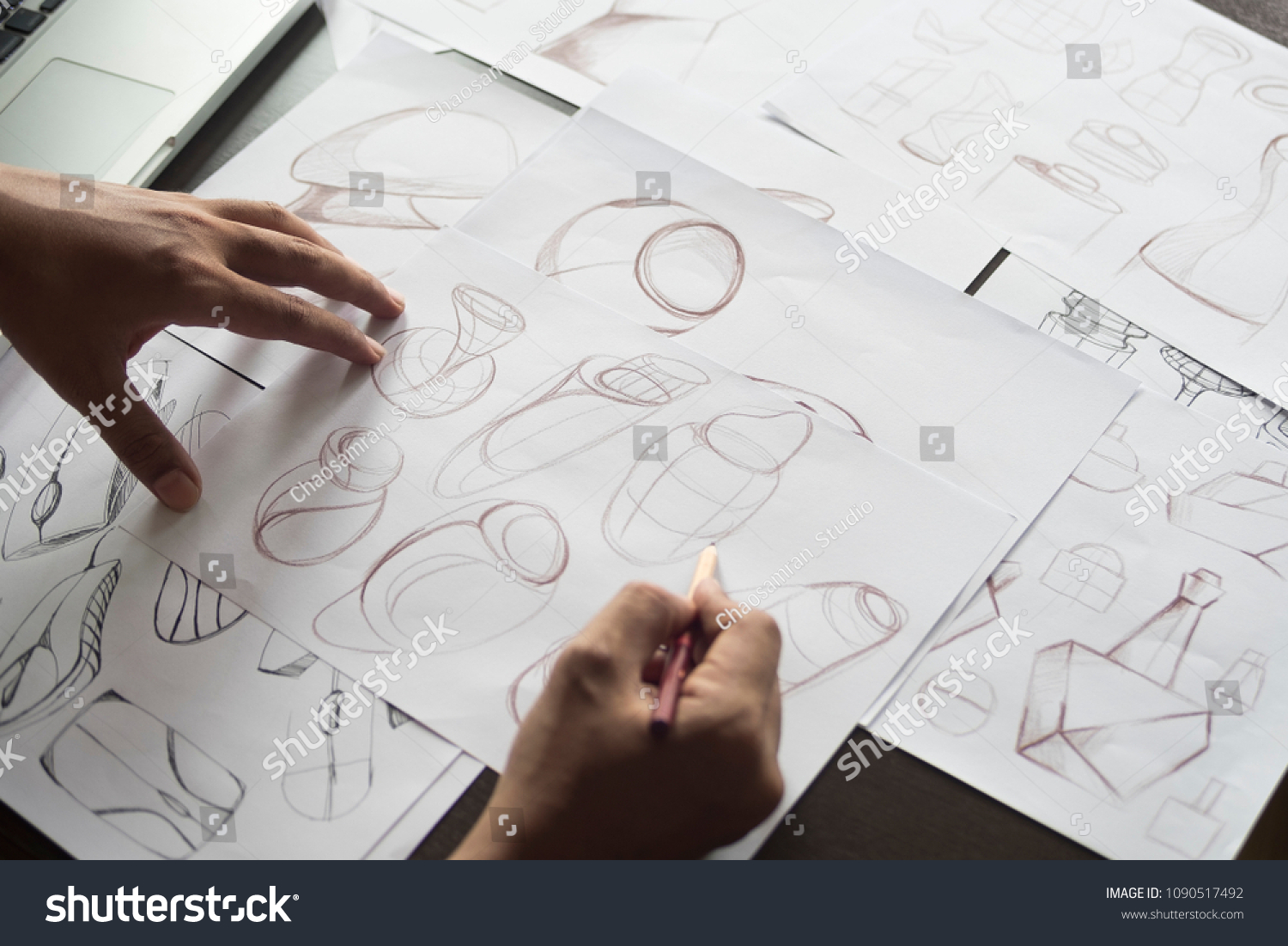Production designer sketching Drawing Development prototype process Design idea Creative Concept #1090517492