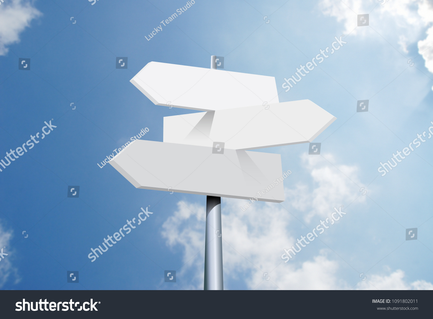 travel destinations options. Direction road sign with arrows on sky and clouds #1091802011