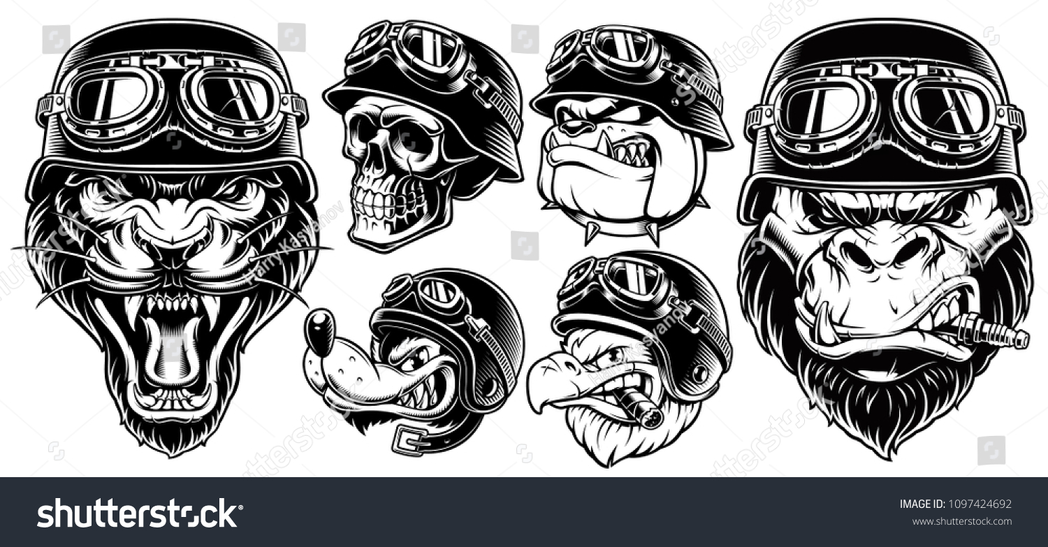 Set of animals bikers. Design of motorcycle riders. Sport mascots, isolated on white background. #1097424692