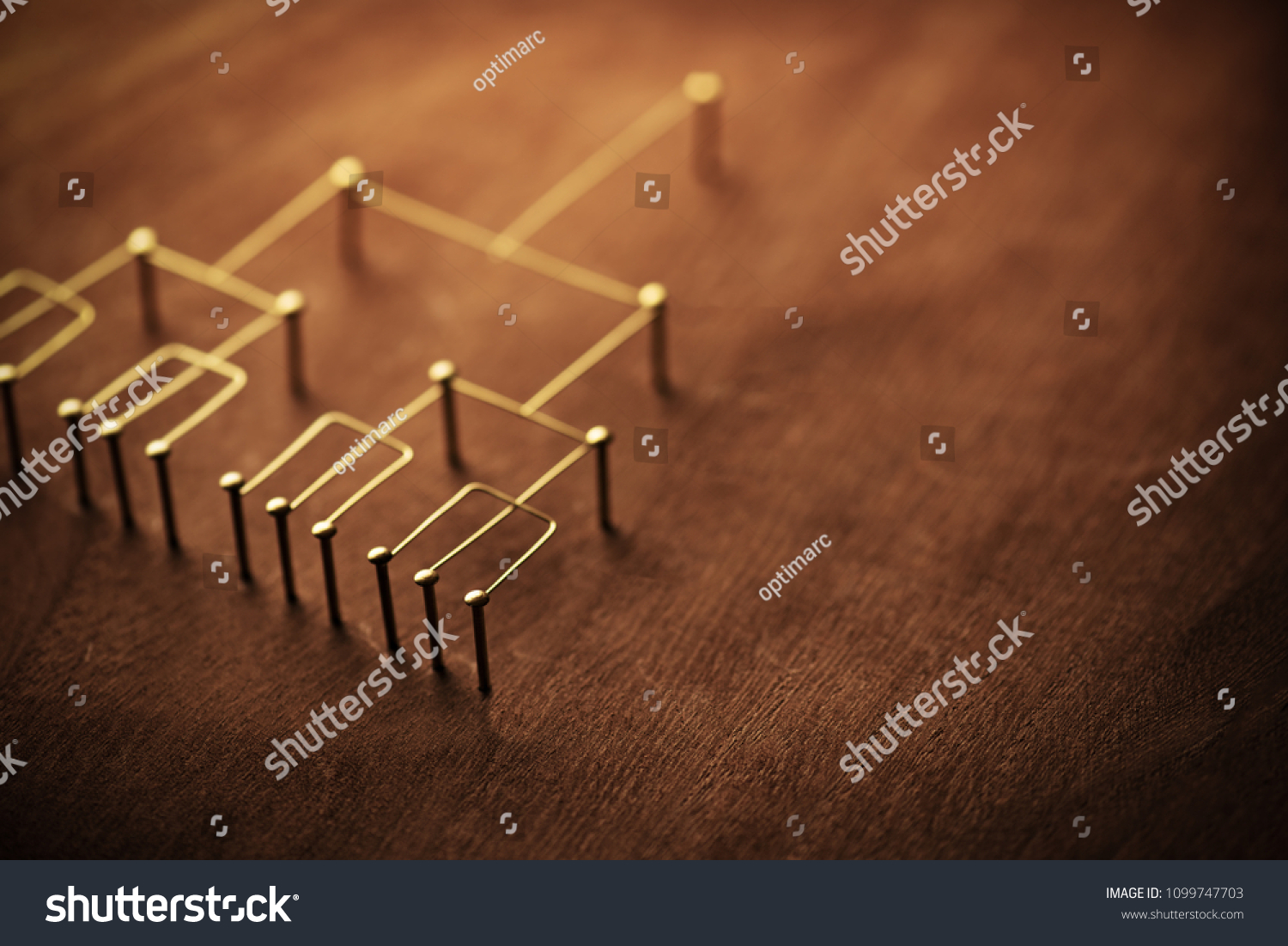 Hierarchy, command chain, company / organization structure or layer and grouping concept image. Top down structure made from gold wires and nails on rustic wooden surface. Shallow depth of field. #1099747703