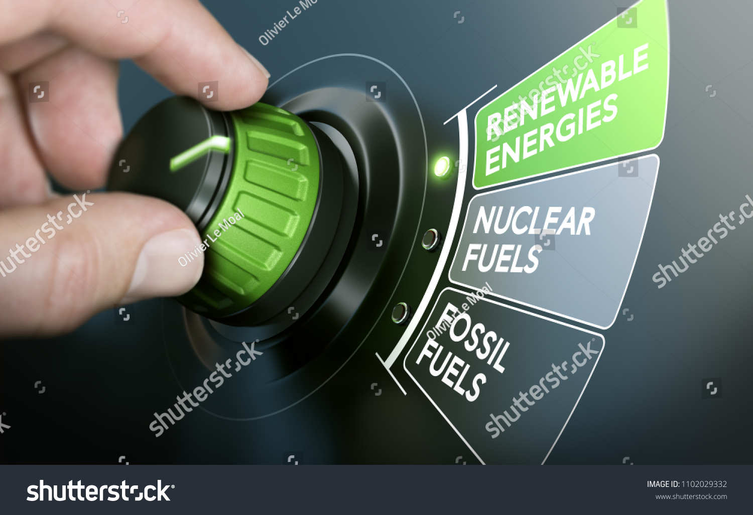Man turning an energy transition button to switch from fossil fuels to renewable energies. Composite image between a hand photography and a 3D background. #1102029332