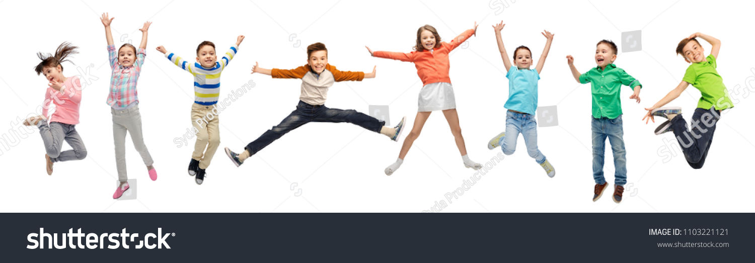 happiness, childhood, freedom, movement and people concept - happy kids jumping in air over white background #1103221121