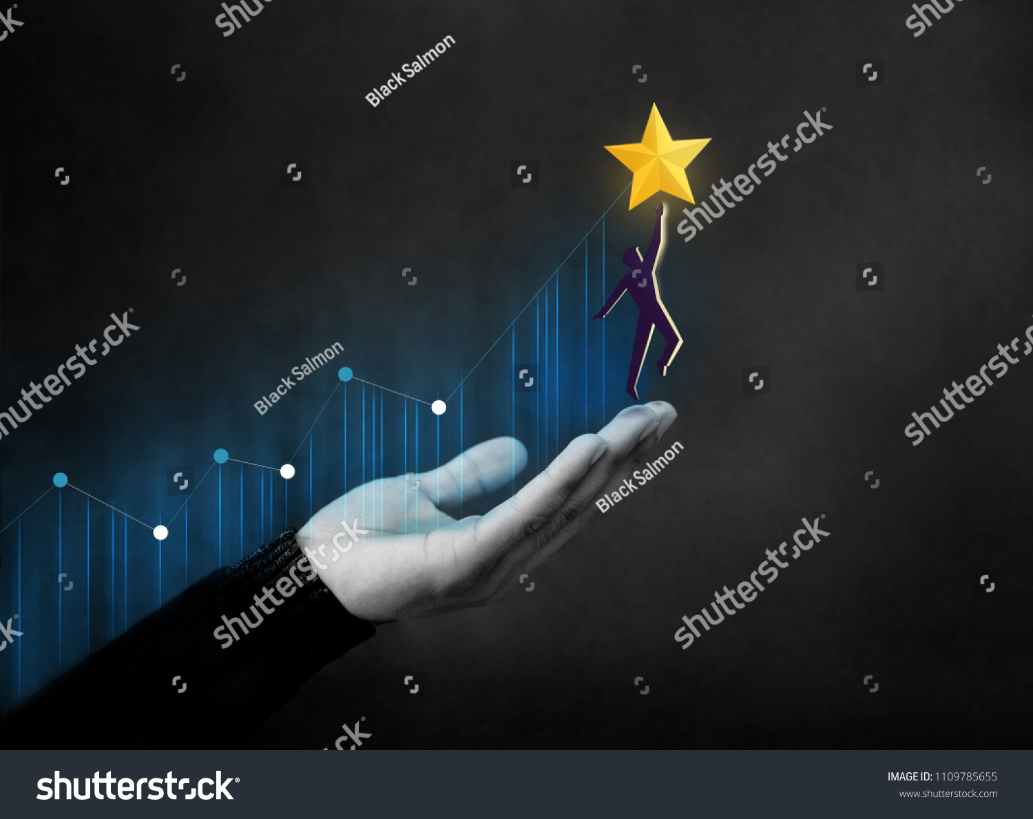 Customer Journey or Business Success Concept. Hand Raised and Support Human Shape with Care to Reach a Golden Star, Diagram Graph as background #1109785655