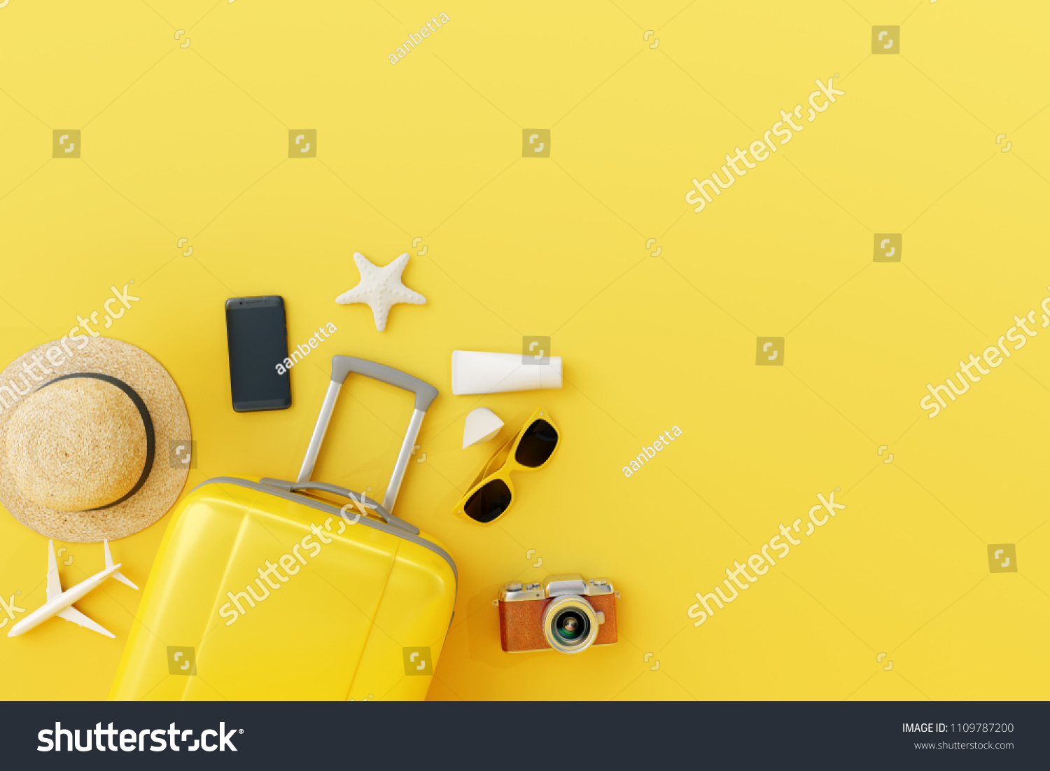 Flat lay yellow suitcase with traveler accessories on yellow background. travel concept #1109787200