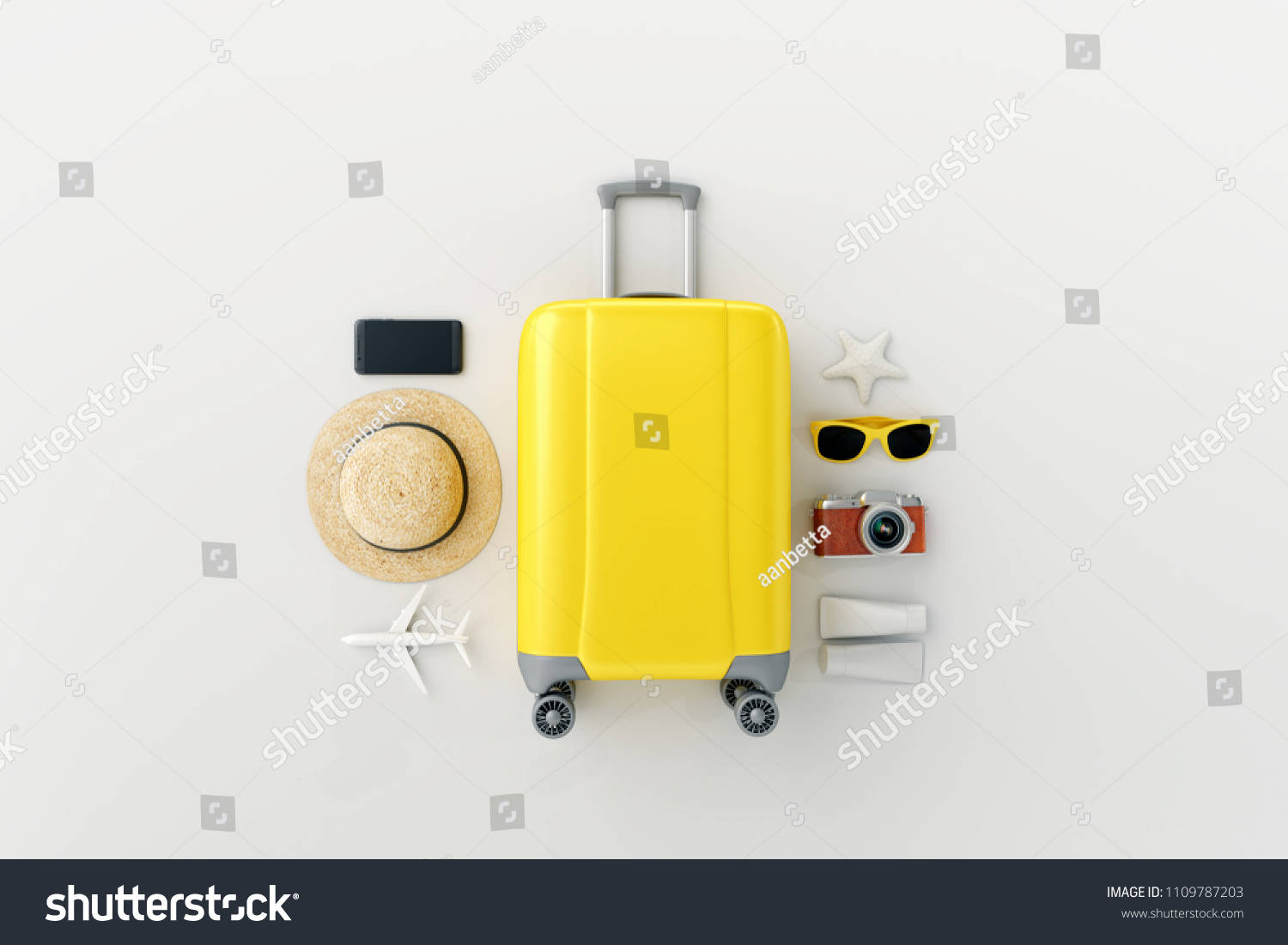 Flat lay yellow suitcase with traveler accessories on white bright background. travel concept #1109787203