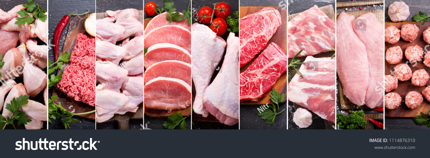 food collage of various fresh meat and chicken, top view #1114876310
