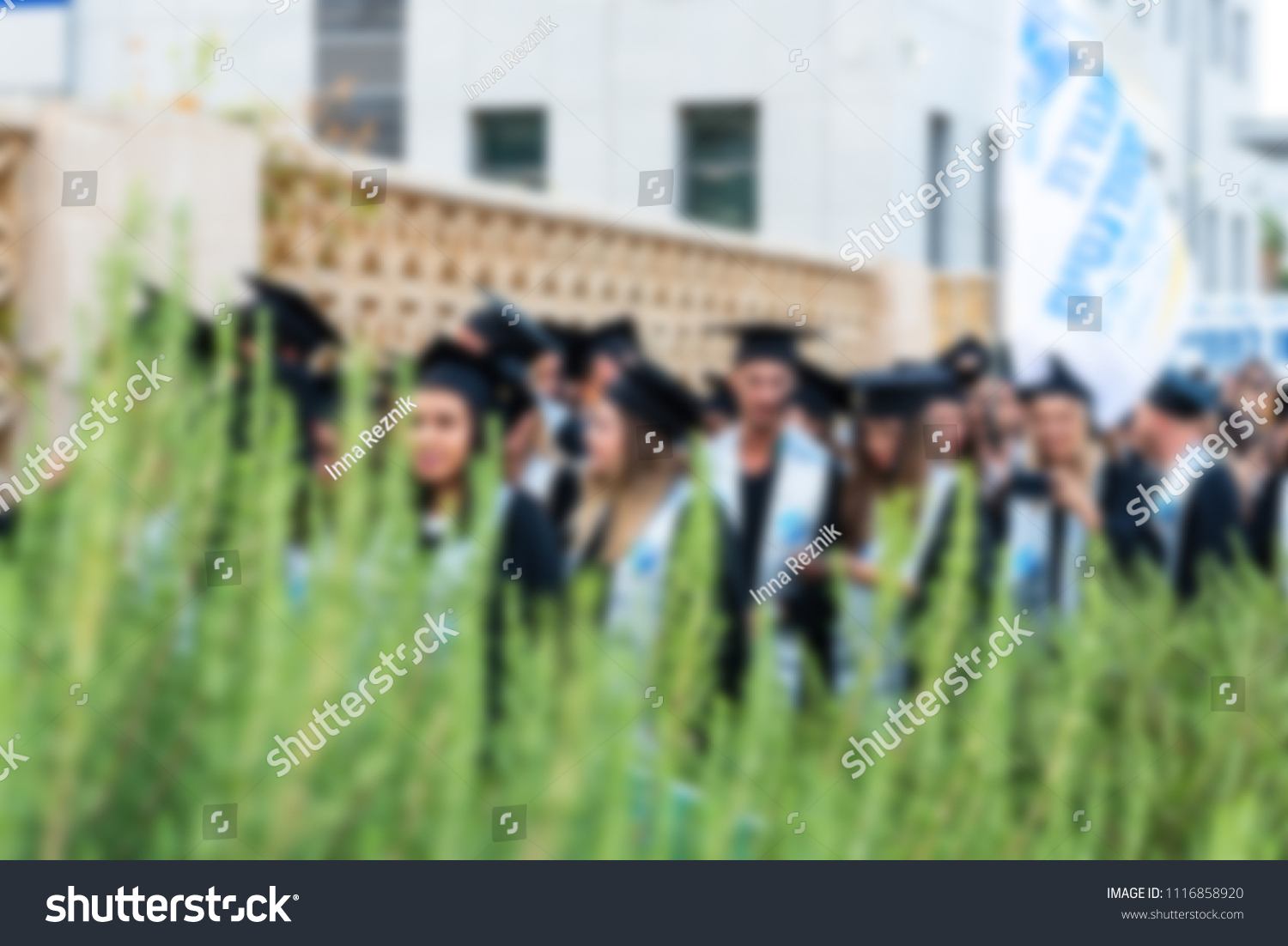 Blurred image College students at Graduation Ceremony.Group happy multiple races students in mortar boards and bachelor gowns outdor. #1116858920