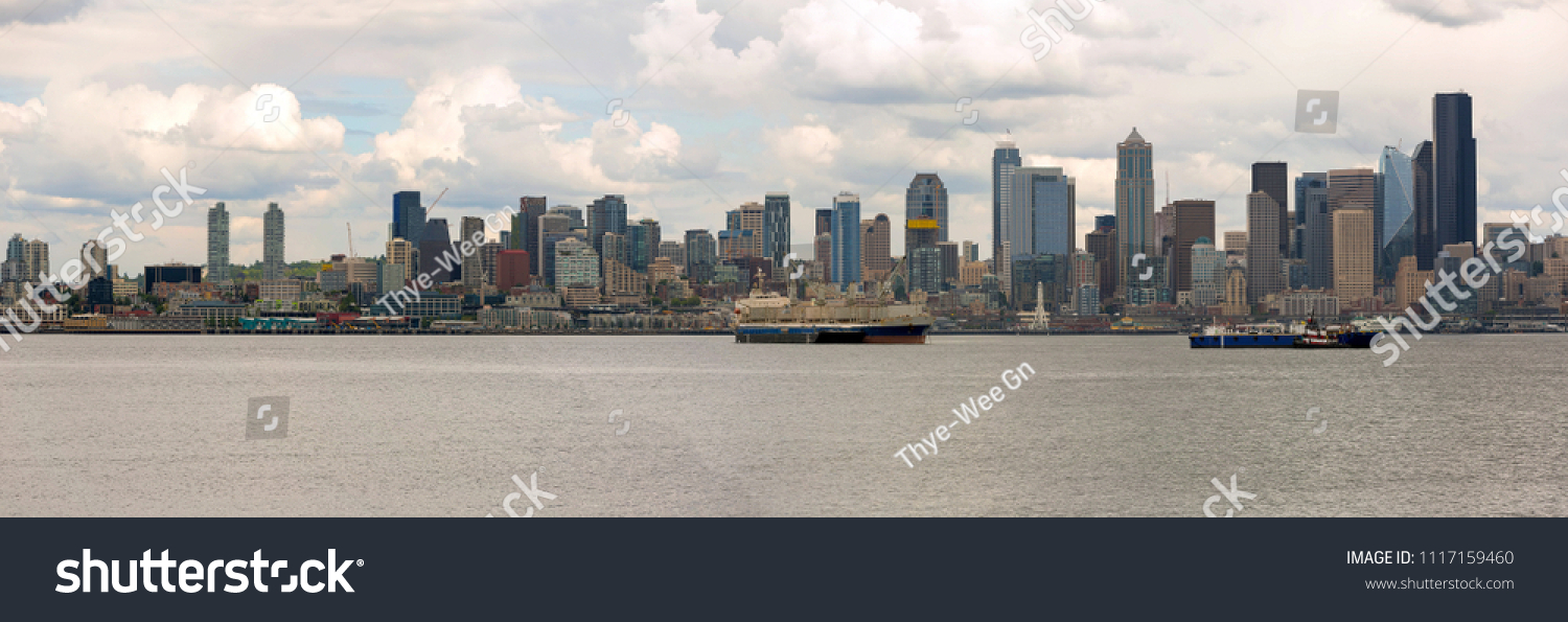 Seattle Washington city skyline along Elliott Bay Panorama #1117159460