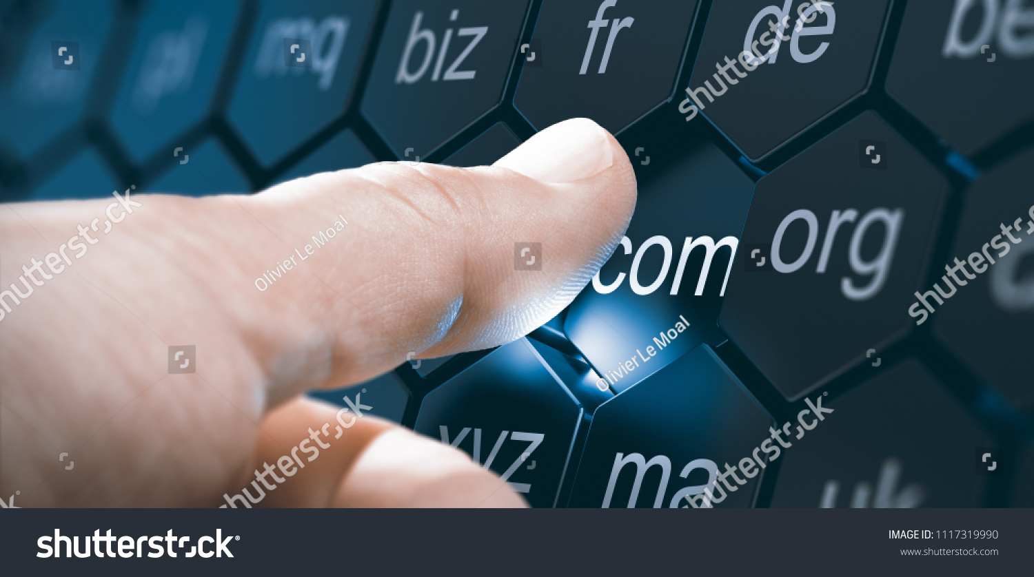Man selecting a domain extention by pressing an hexagonal button. Composite image between a hand photography and a 3D background. #1117319990
