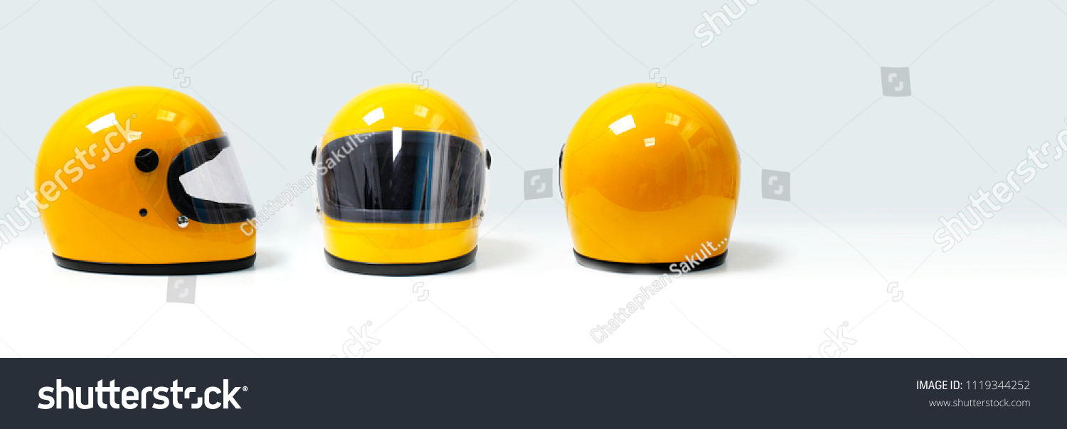 Yellow motorcycle helmet on a white background, front, back, side #1119344252