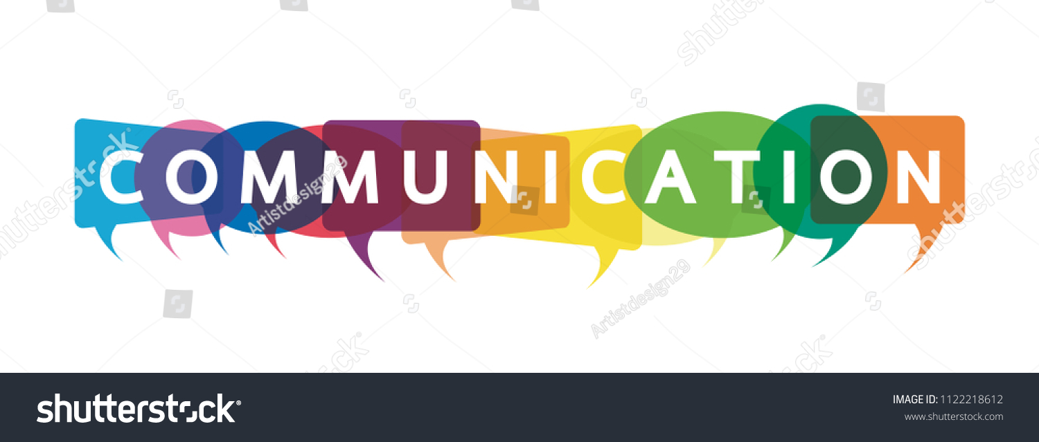 Vector illustration of a communication concept. The word communication with colorful dialog speech bubbles #1122218612