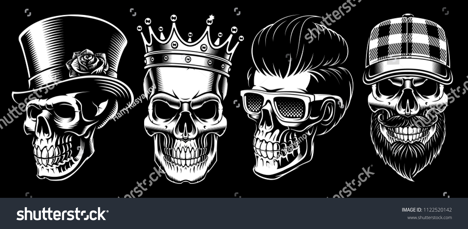 Set of vintage skulls on dark background.  #1122520142