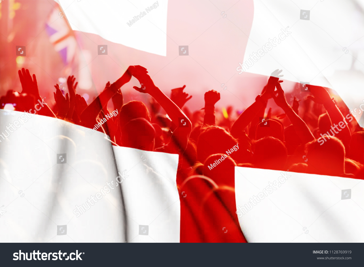 england supporters - double exposure of England flag and football fans celebrating victory #1128769919