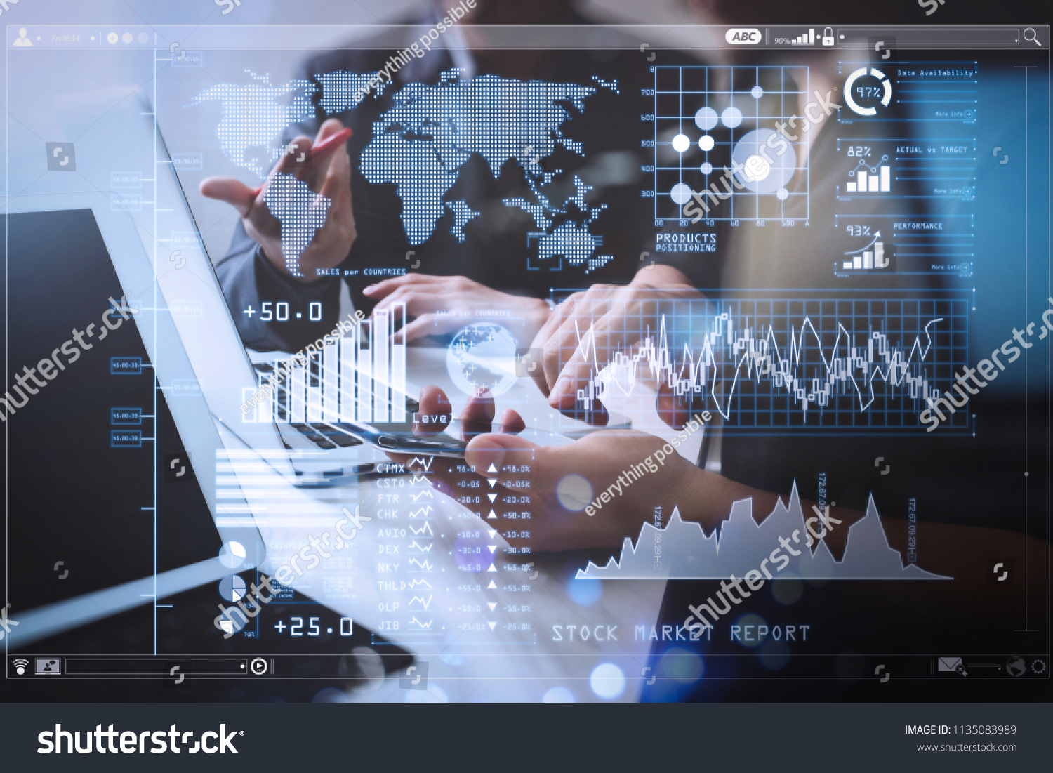 Investor analyzing stock market report and financial dashboard with business intelligence (BI), with key performance indicators (KPI).Business team meeting. Photo professional investor working. #1135083989