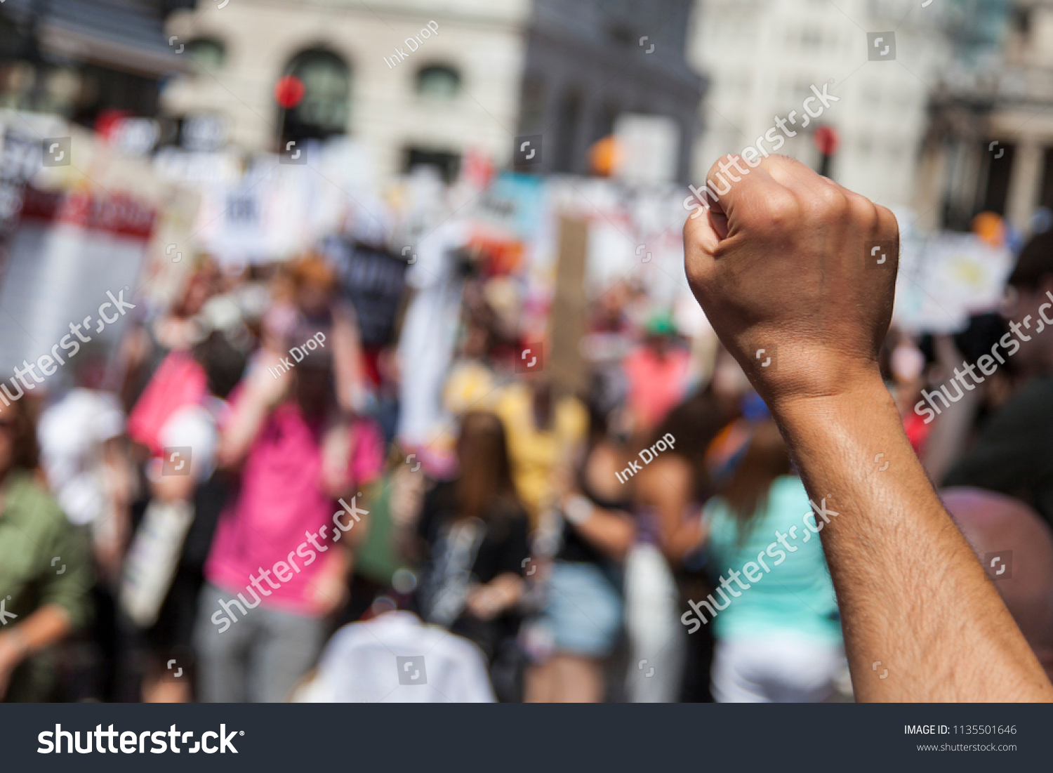 A raised fist of a protestor at a political demonstration #1135501646