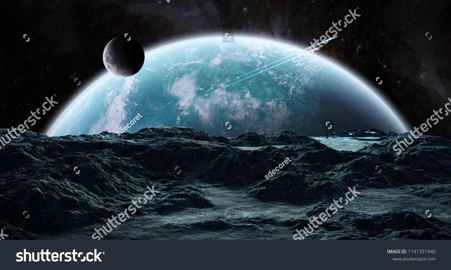 Astronauts with spaceship exploring an asteroid in space 3D rendering elements of this image furnished by NASA #1141351940