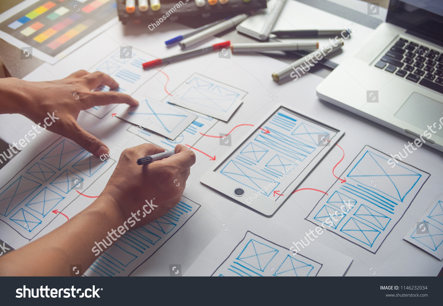 ux Graphic designer creative  sketch planning application process development prototype wireframe for web mobile phone . User experience concept. #1146232034
