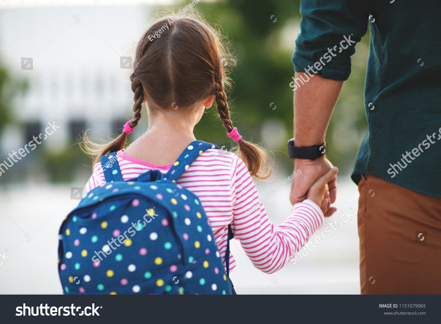 first day at school. father leads a little child school girl in first grade #1151079065