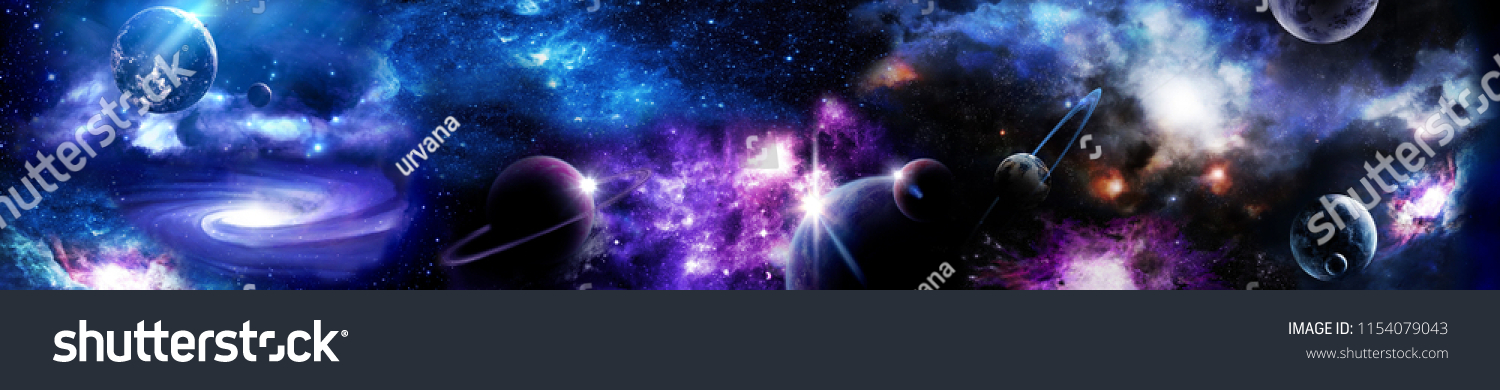 Space scene with planets, stars and galaxies. Panorama. Horizontal view for a glass panels (skinali). Template banner #1154079043