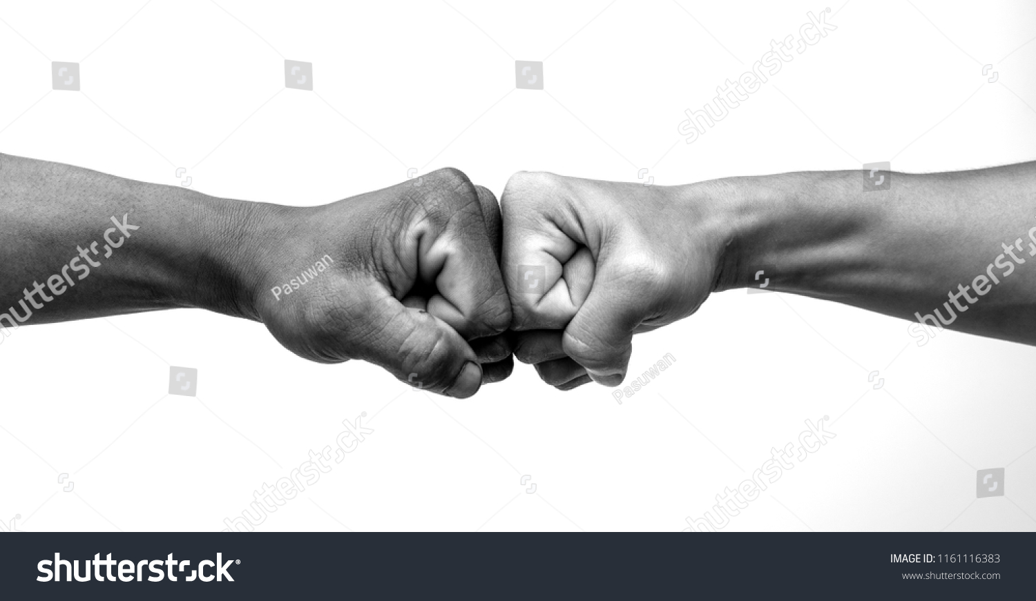 Man giving fist bump, monochrome, black and white image.  #1161116383