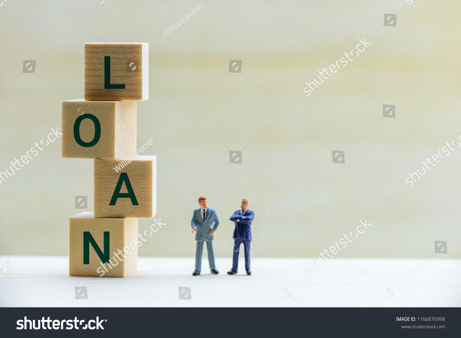 Financial loan negotiation / discussion among a lender and borrower concept : Miniature figurine two businessmen talk on money loan contract agreement, discuss about a company credit and loan profile #1166876998