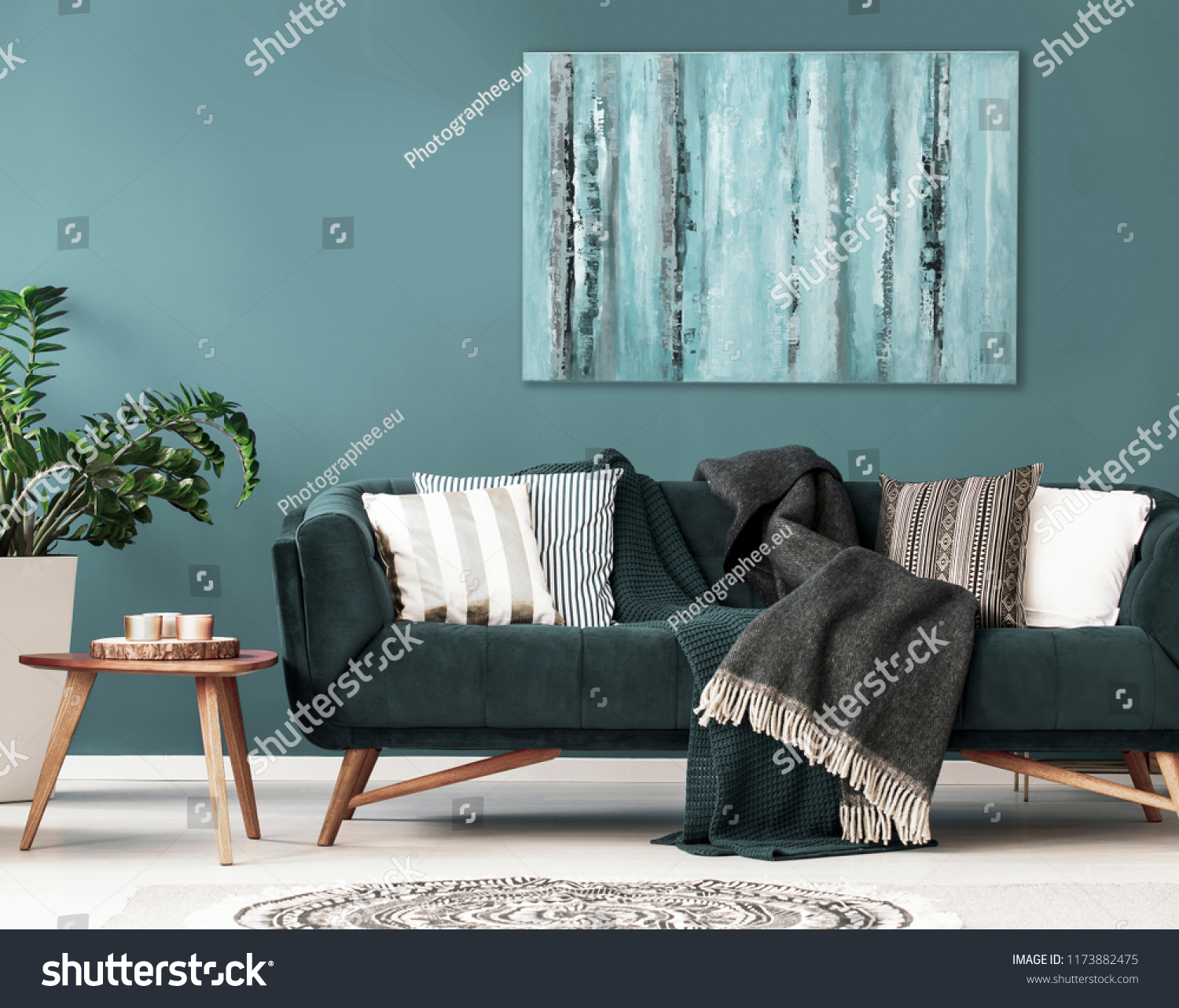 Patterned cushions on sofa next to wooden table and plant in dark apartment interior. Real photo #1173882475