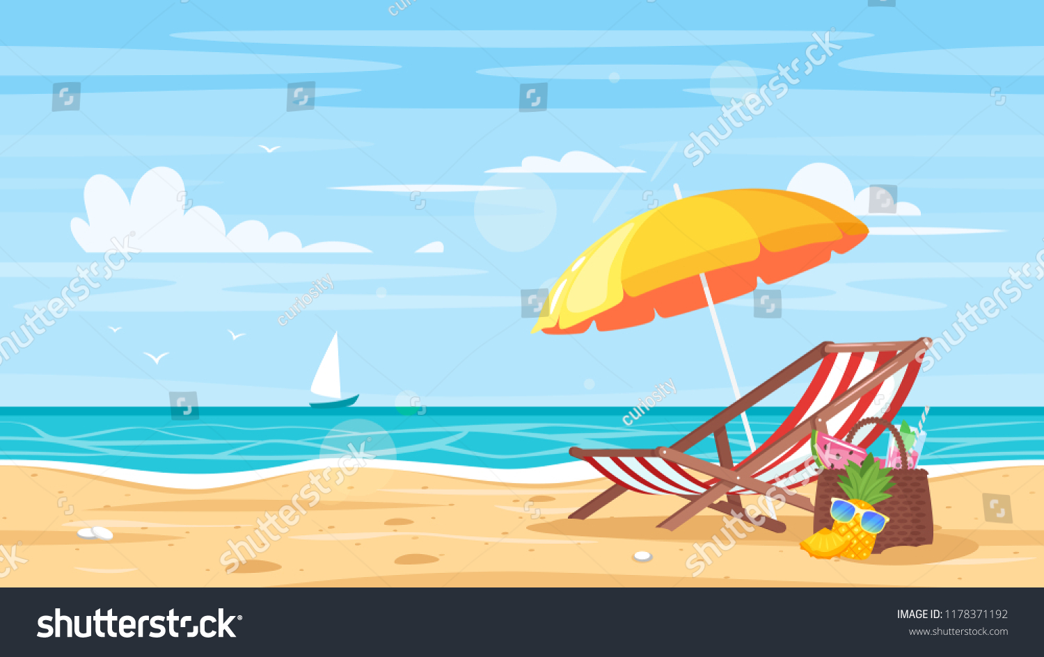 Vector cartoon style background of sea shore. Good sunny day. Deck chair and beach umbrella on the sand coast.
 #1178371192