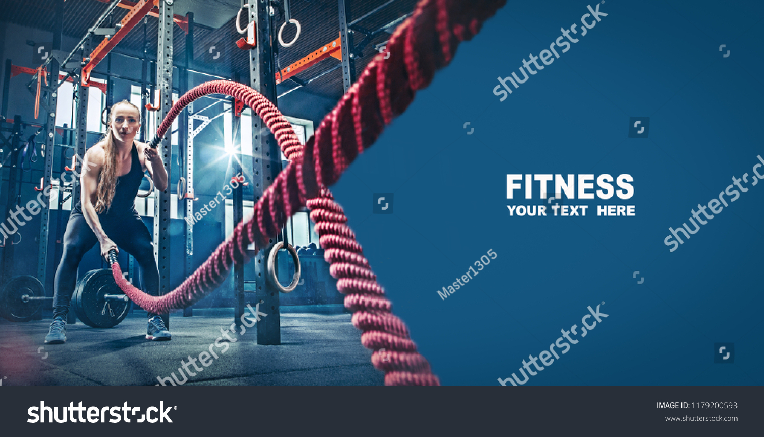Woman with battle rope battle ropes exercise in the fitness gym. gym, sport, rope, training, athlete, workout, exercises concept #1179200593