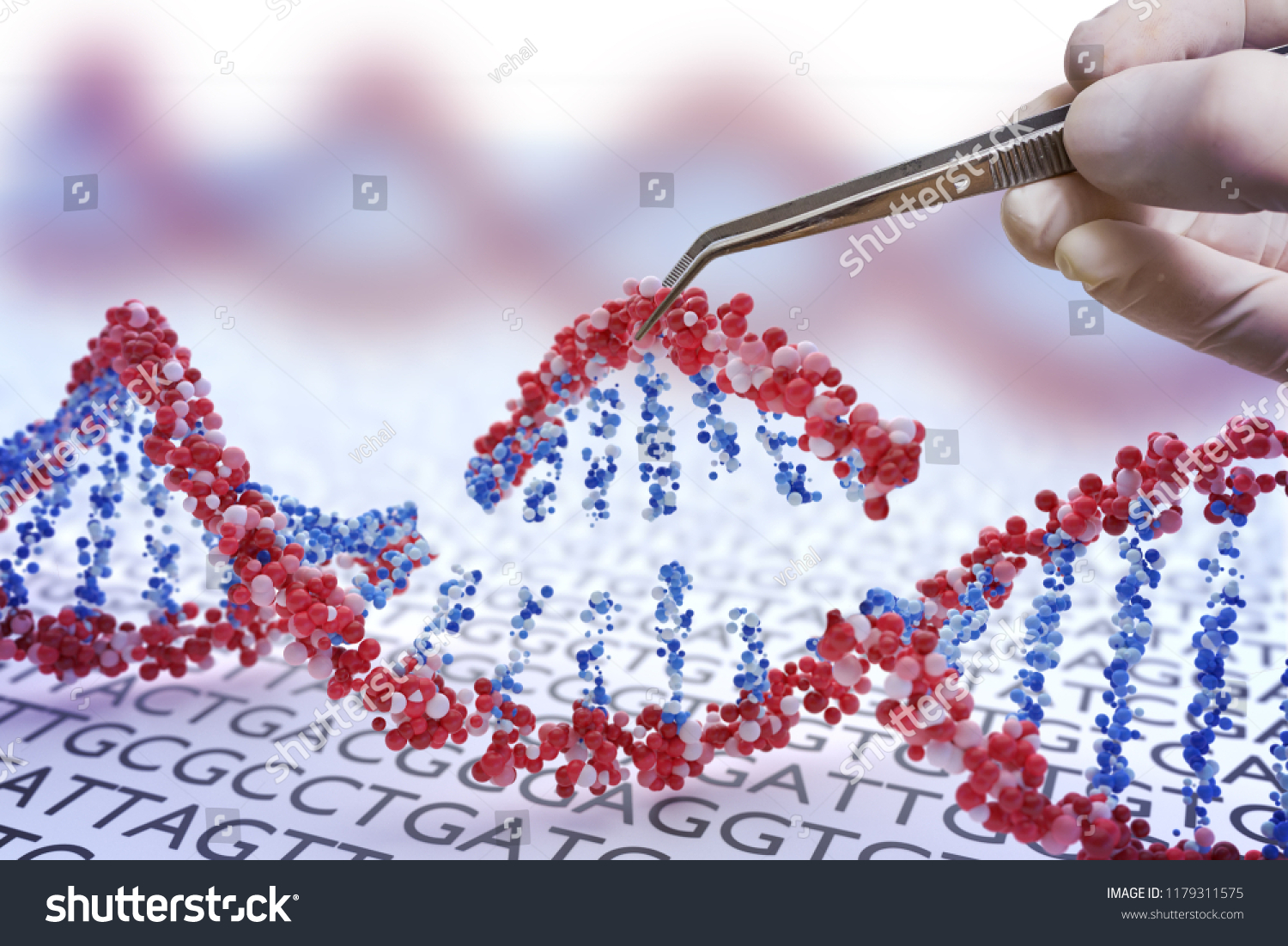 Genetic engineering, GMO and Gene manipulation concept. Hand is inserting sequence of DNA.  3D illustration of DNA. #1179311575