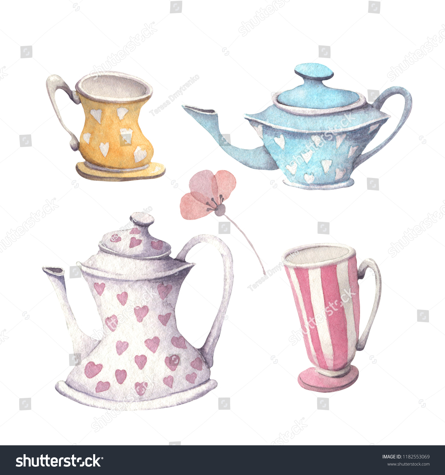 Set of teacups and teapots painted by watercolor. Hand drawn illustration. #1182553069