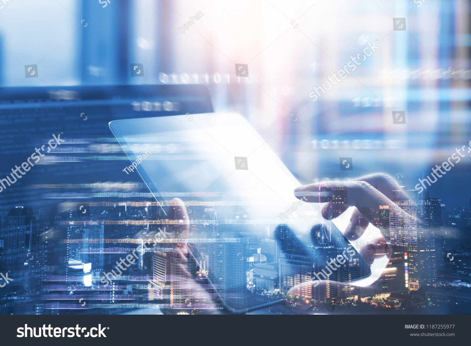 Business and technology, software development, IoT concept. Double exposure, man programmer, software developer working on digital tablet and smart city with binary, html computer code on screen #1187255977