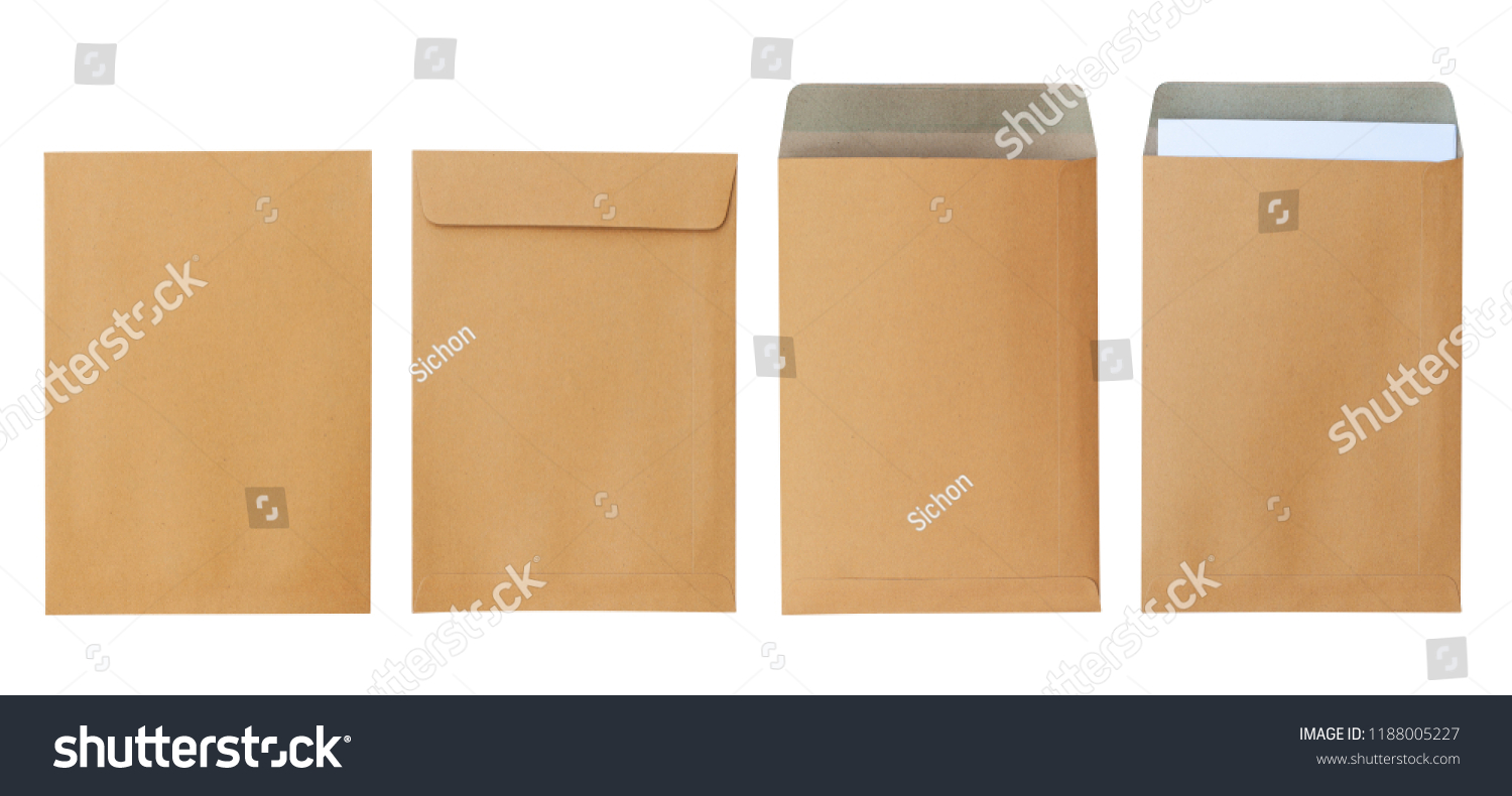 Brown envelope front and back isolated on white background. Letter top view. Object with clipping path #1188005227
