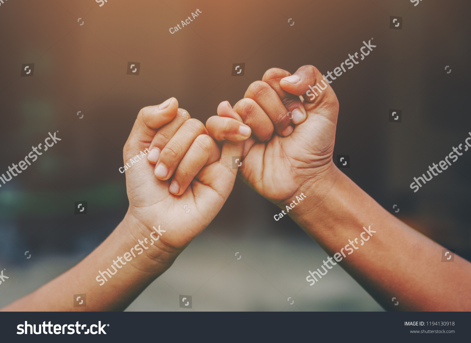 Hand to pinky swear,Happy couple or friendship holding hands together forever love concept. #1194130918
