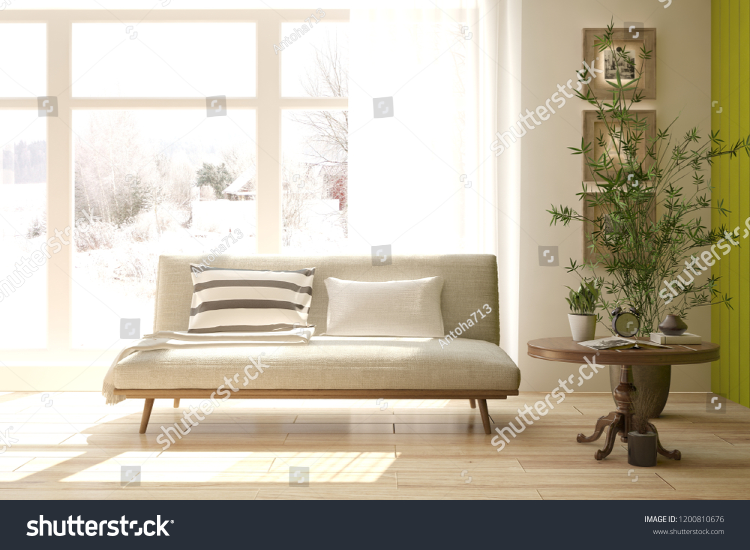 White room with sofa and winter landscape in window. Scandinavian interior design. 3D illustration #1200810676