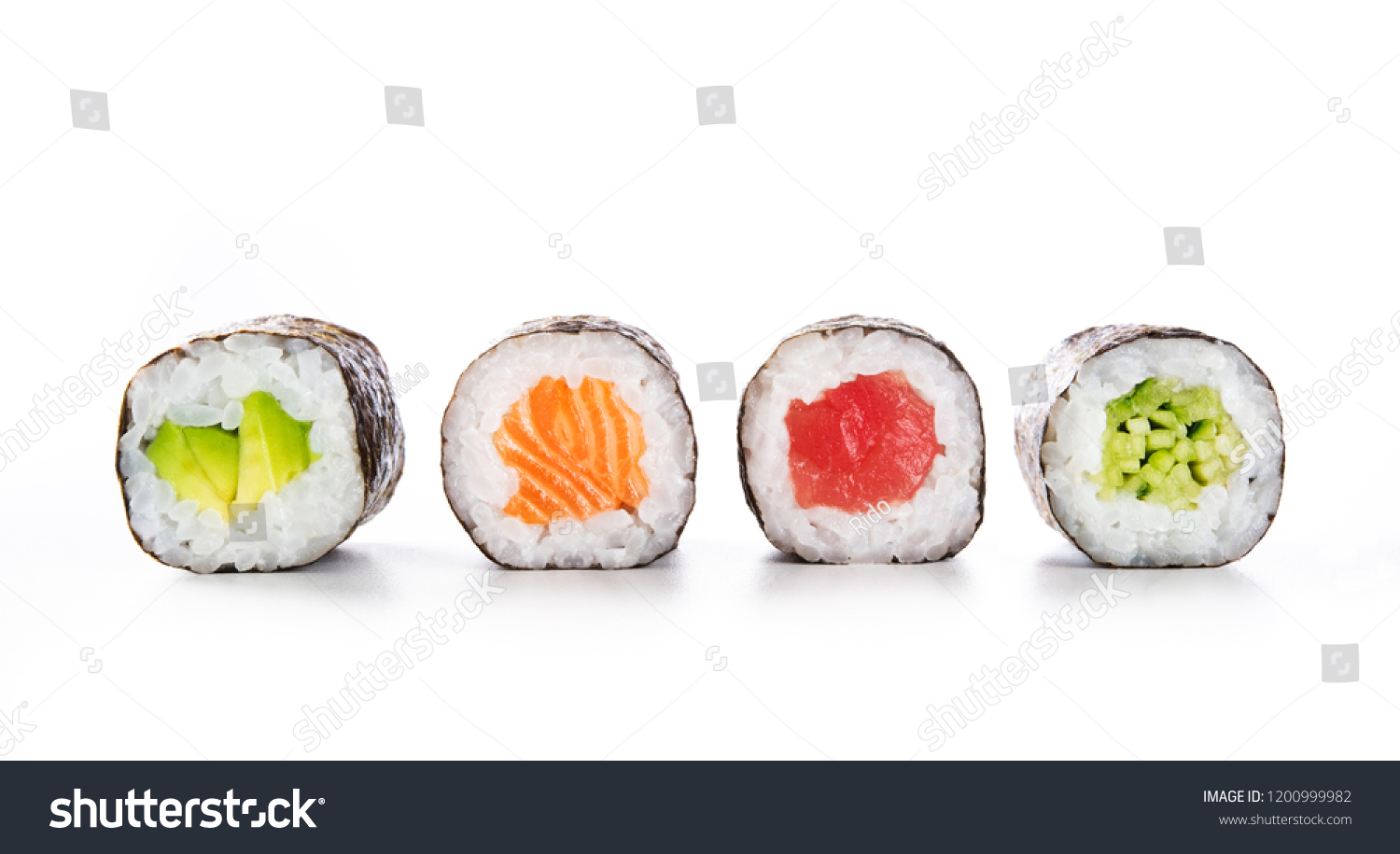 Four maki rolls in a row with salmon, avocado, tuna and cucumber isolated on white background. Fresh hosomaki pieces with rice and nori. Closeup of delicious japanese food with sushi roll. #1200999982