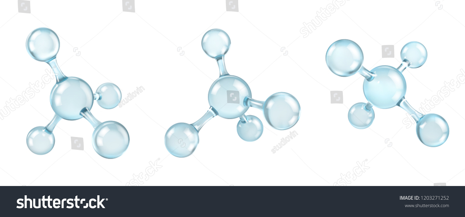 Glass molecules model. Reflective and refractive abstract molecular shape isolated on white background. Vector illustration #1203271252