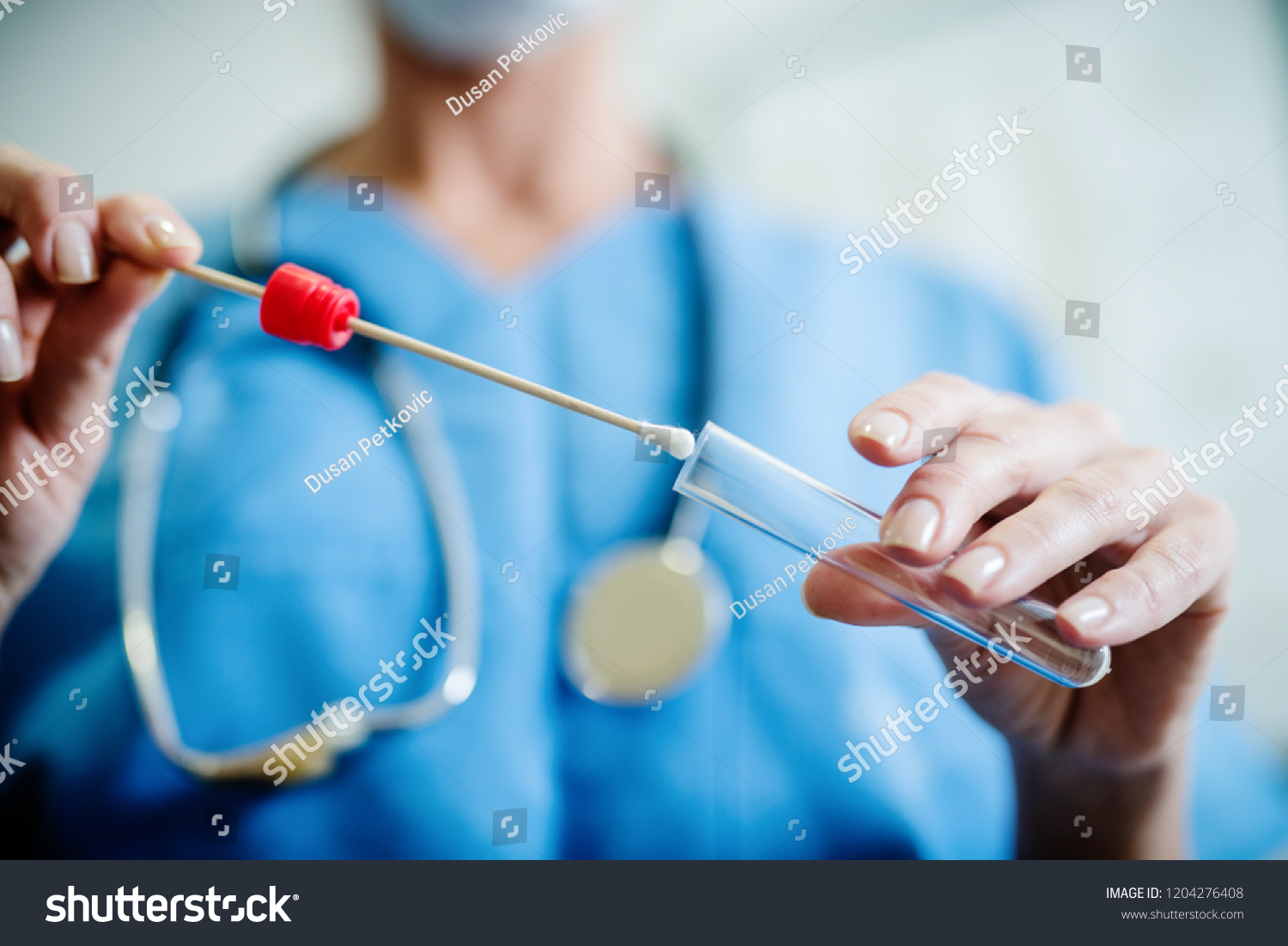 Close up of doctor with sample from sick woman. Selective focus on sample. #1204276408