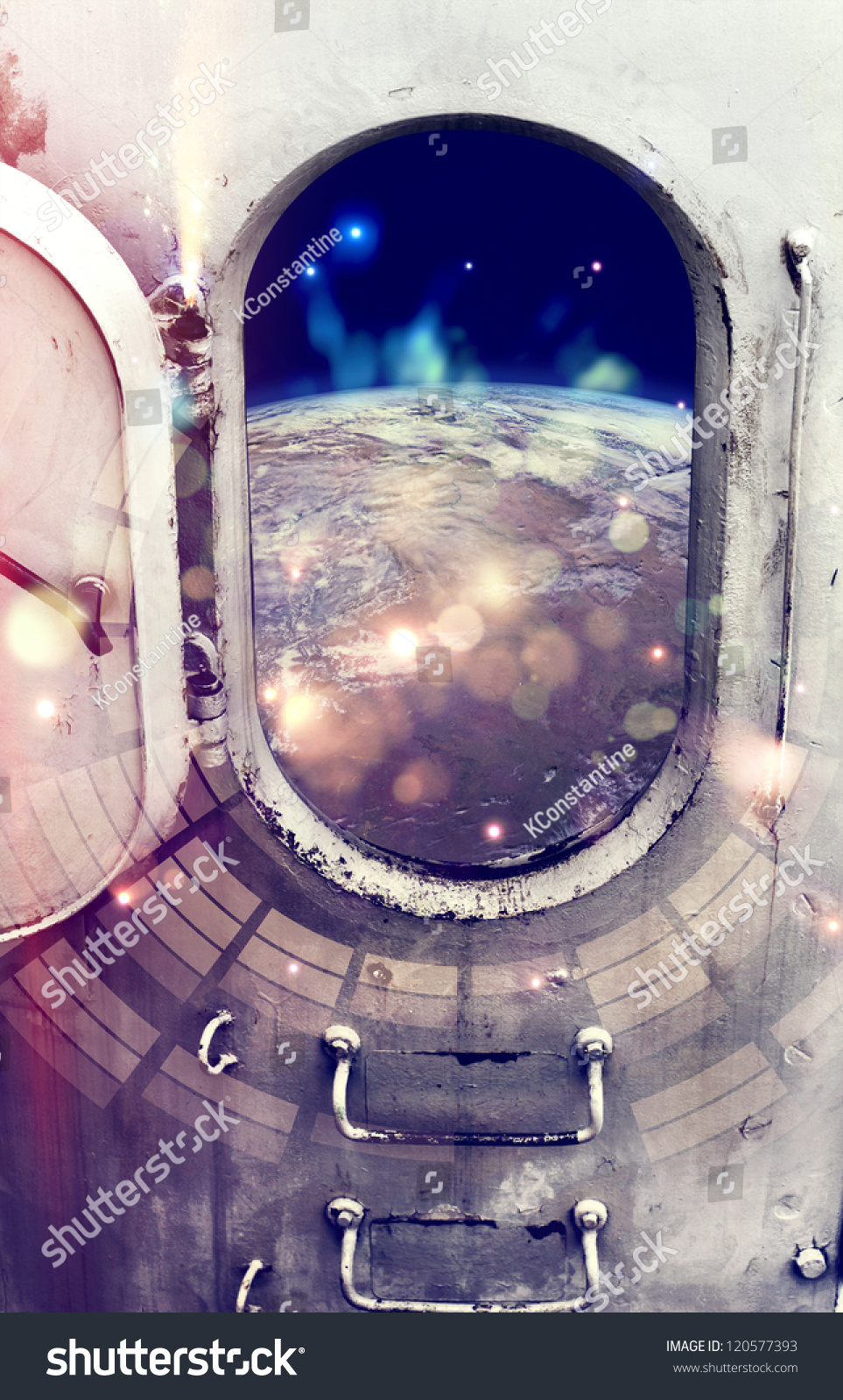 Planet Earth through the window of spaceship.Elements of this image furnished by NASA. #120577393