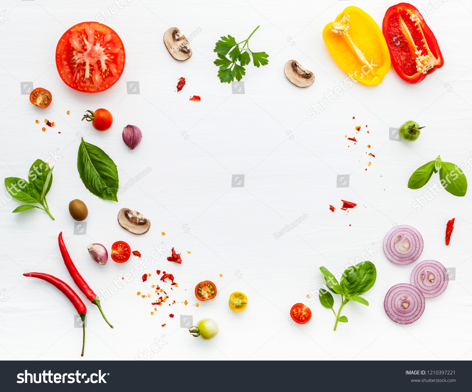 The ingredients for homemade pizza on white wooden background. #1210397221