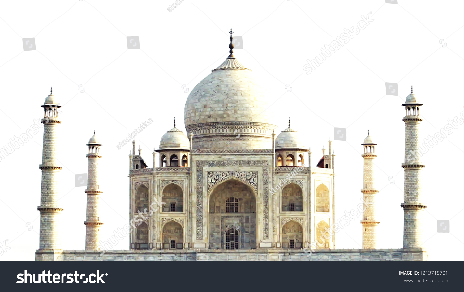 Taj Mahal in Agra, India, no people, isolated on white background. #1213718701
