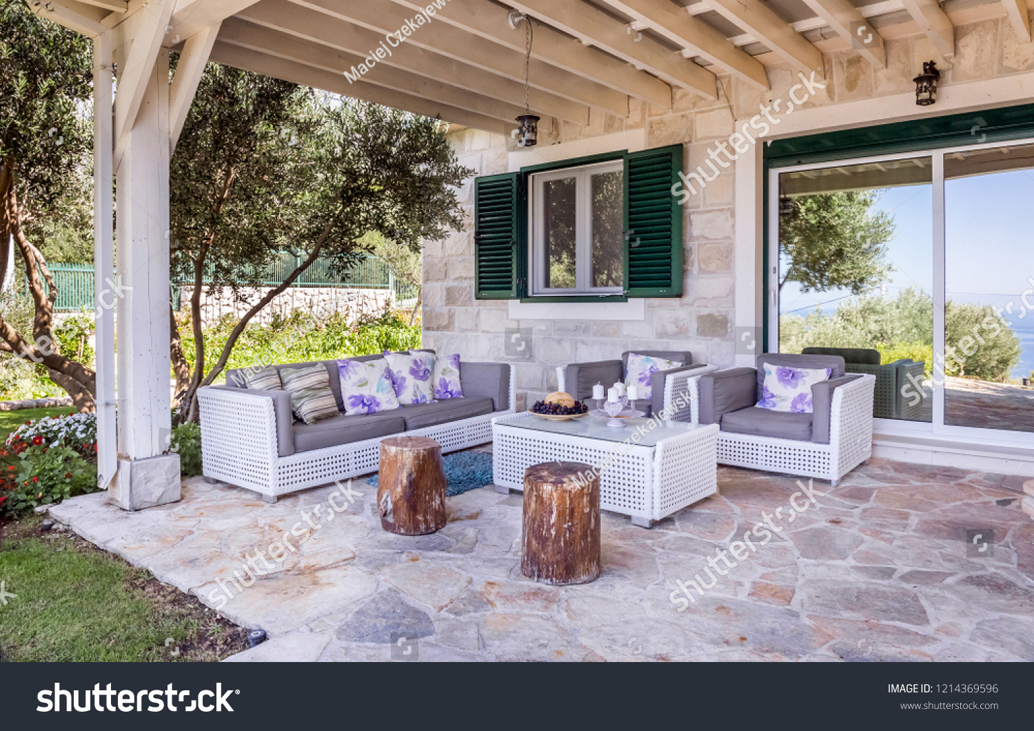 Luxury private villa terrace with view on Mediterranean sea #1214369596