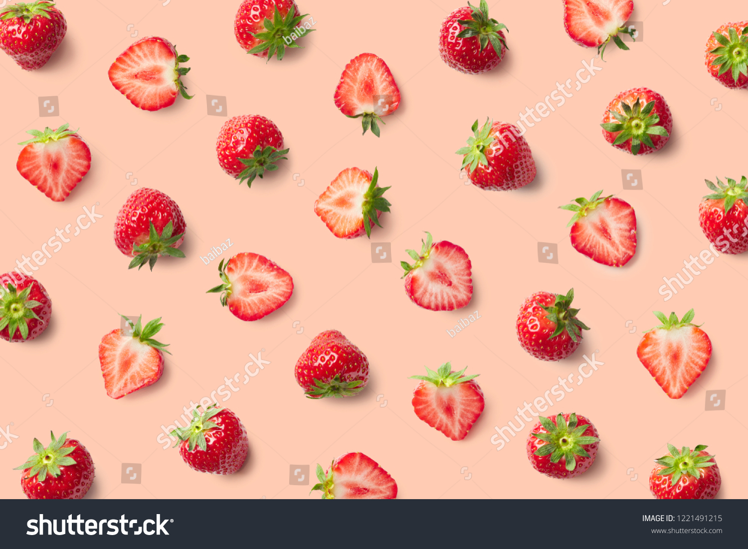 Colorful pattern of strawberries on pink background. Top view #1221491215