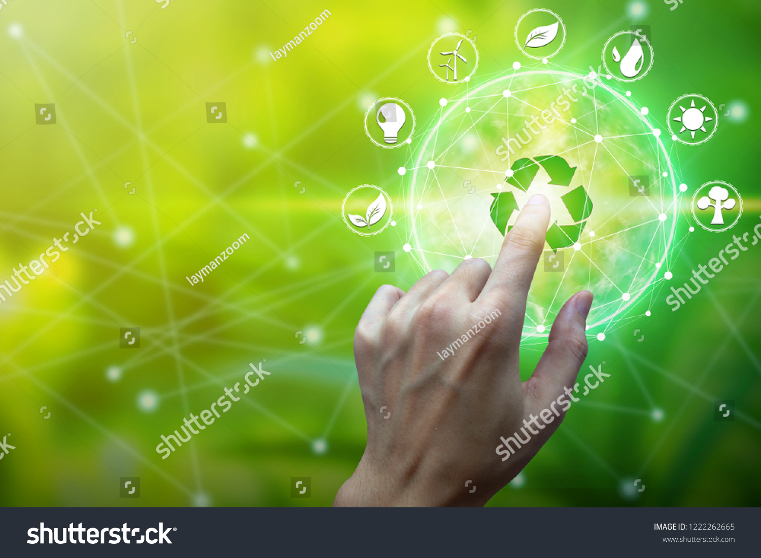 Finger touch with environment Icons over the Network connection on nature background, Technology ecology concept. #1222262665