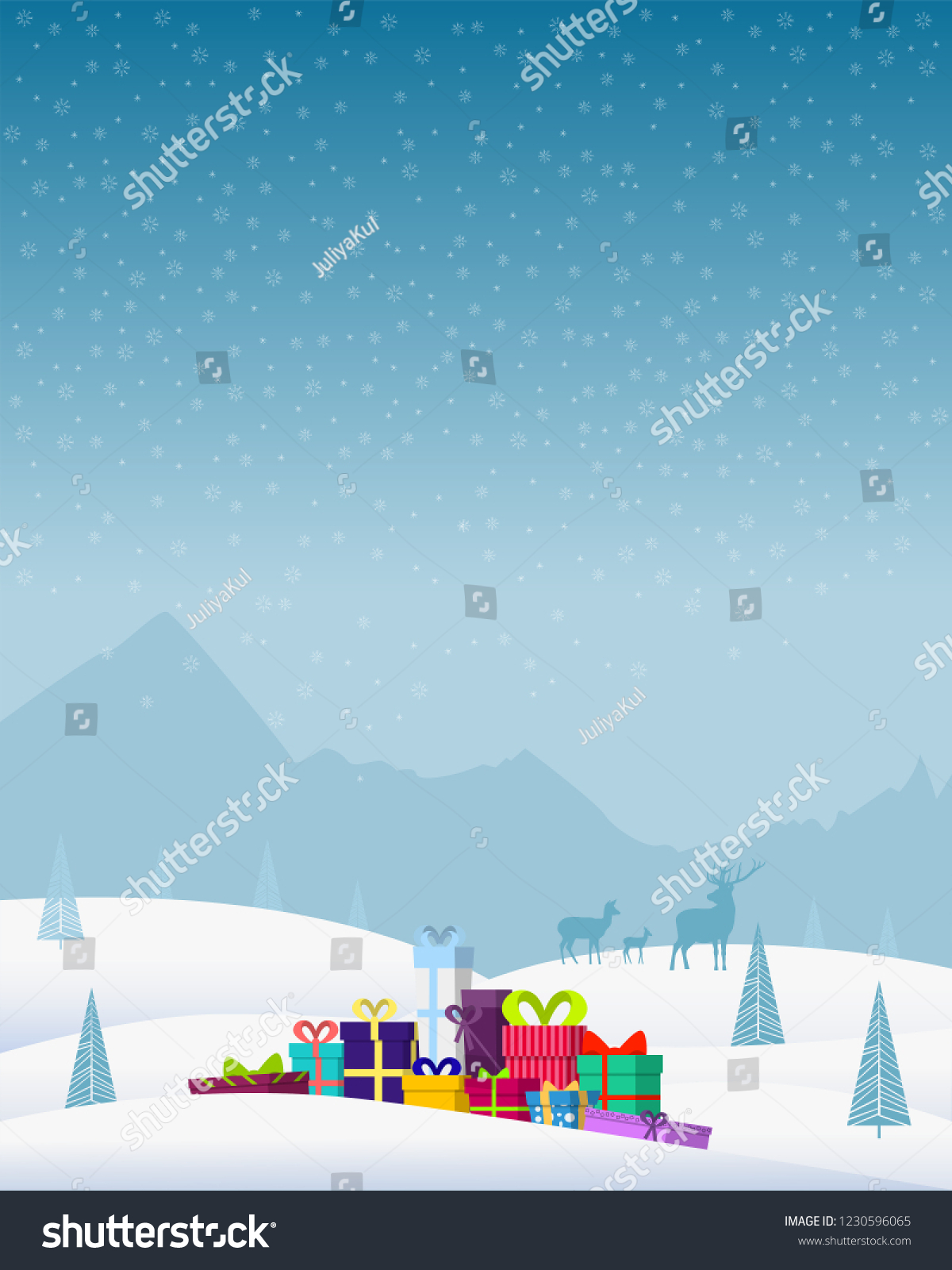 Winter Christmas background with mountains, snow, deer, pine trees, gifts and snowflakes. Festive colorful background. Vector illustration. #1230596065