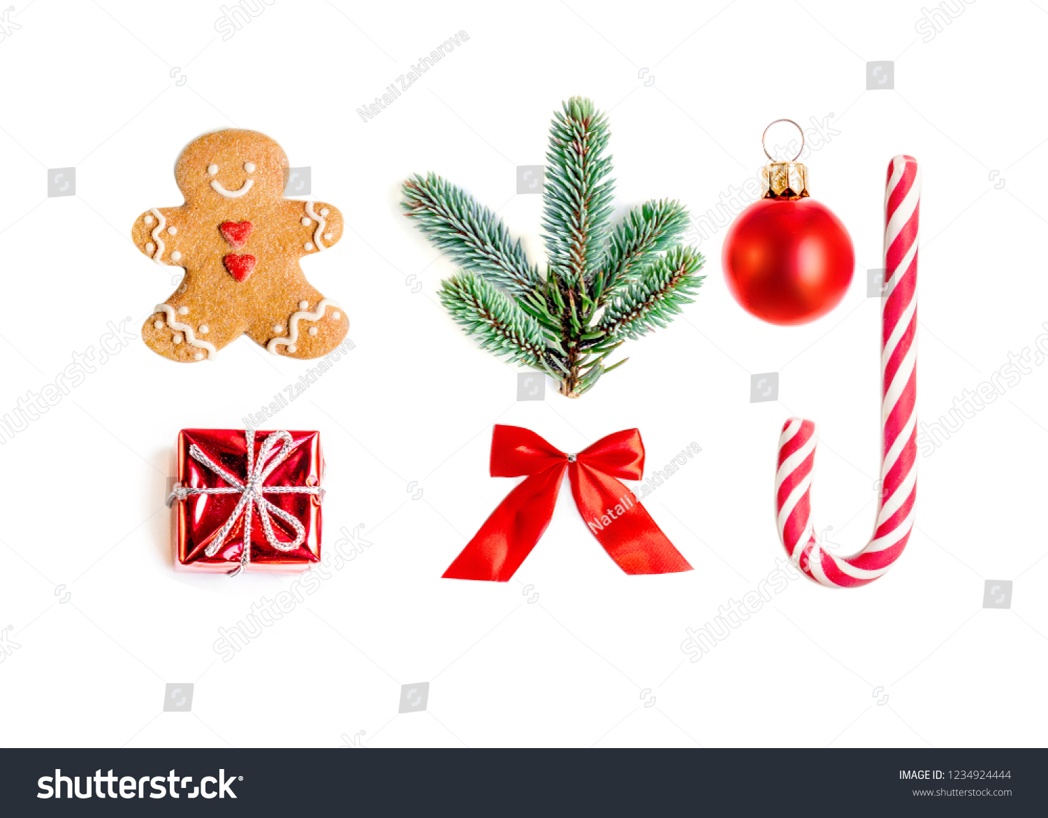 Christmas collection with gifts, fir tree, gingerbread man cookie and  ornaments isolated on white background close up. Flat lay, top view
 #1234924444