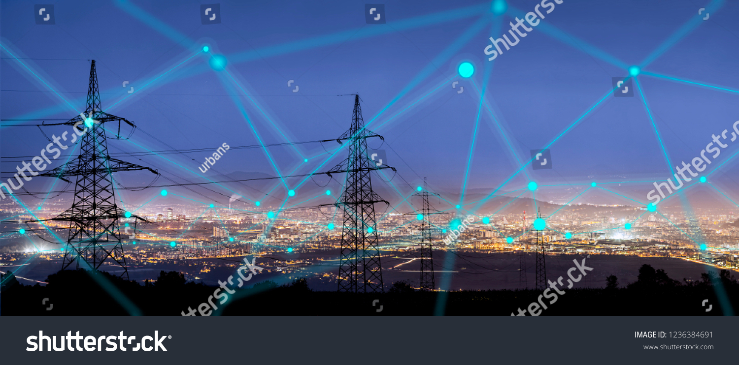 High power electricity poles in urban area connected to smart grid. Energy supply, distribution of energy, transmitting energy, energy transmission, high voltage supply concept photo.  #1236384691