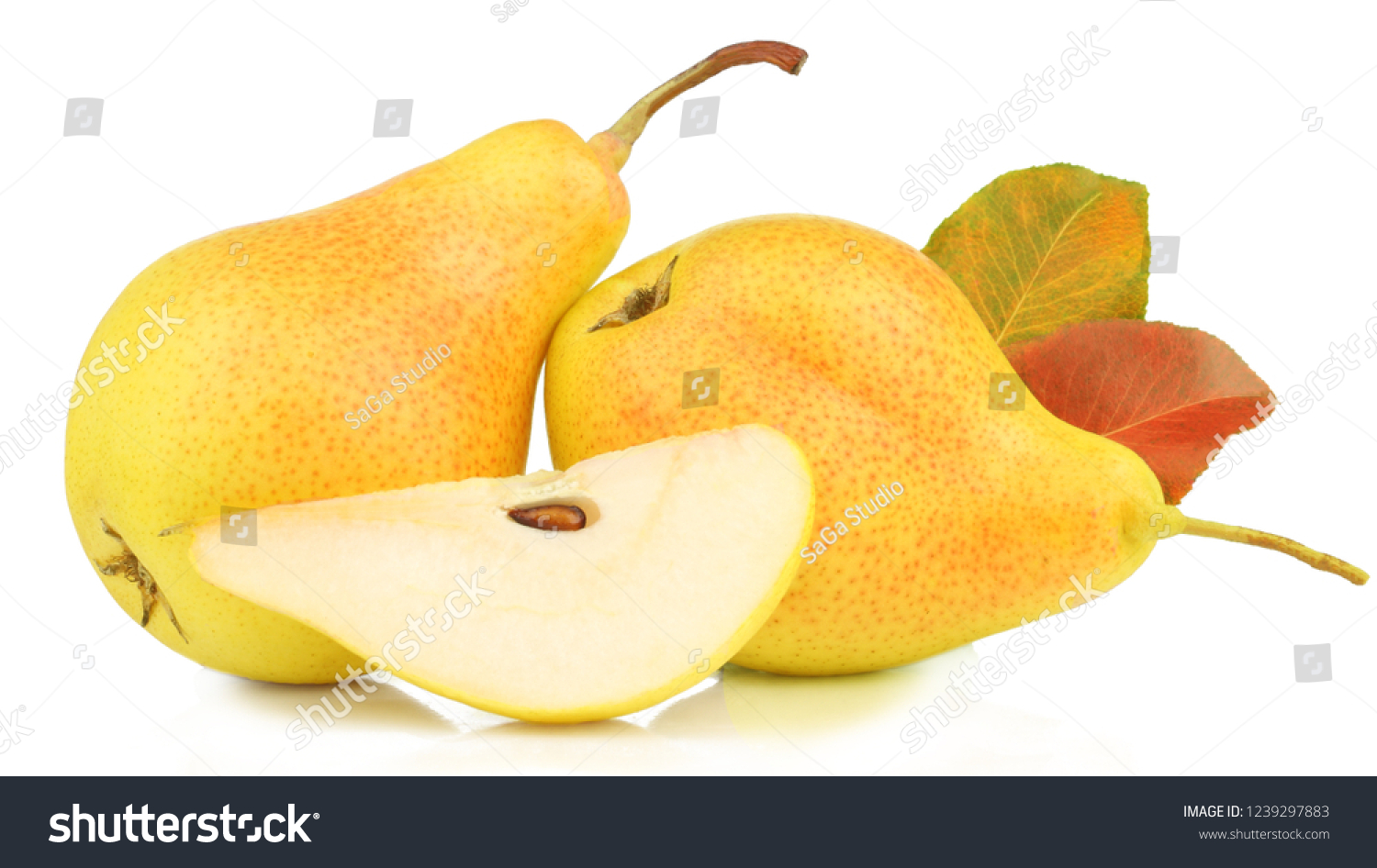 Yellow pears with autumn leaves isolated on white background. #1239297883
