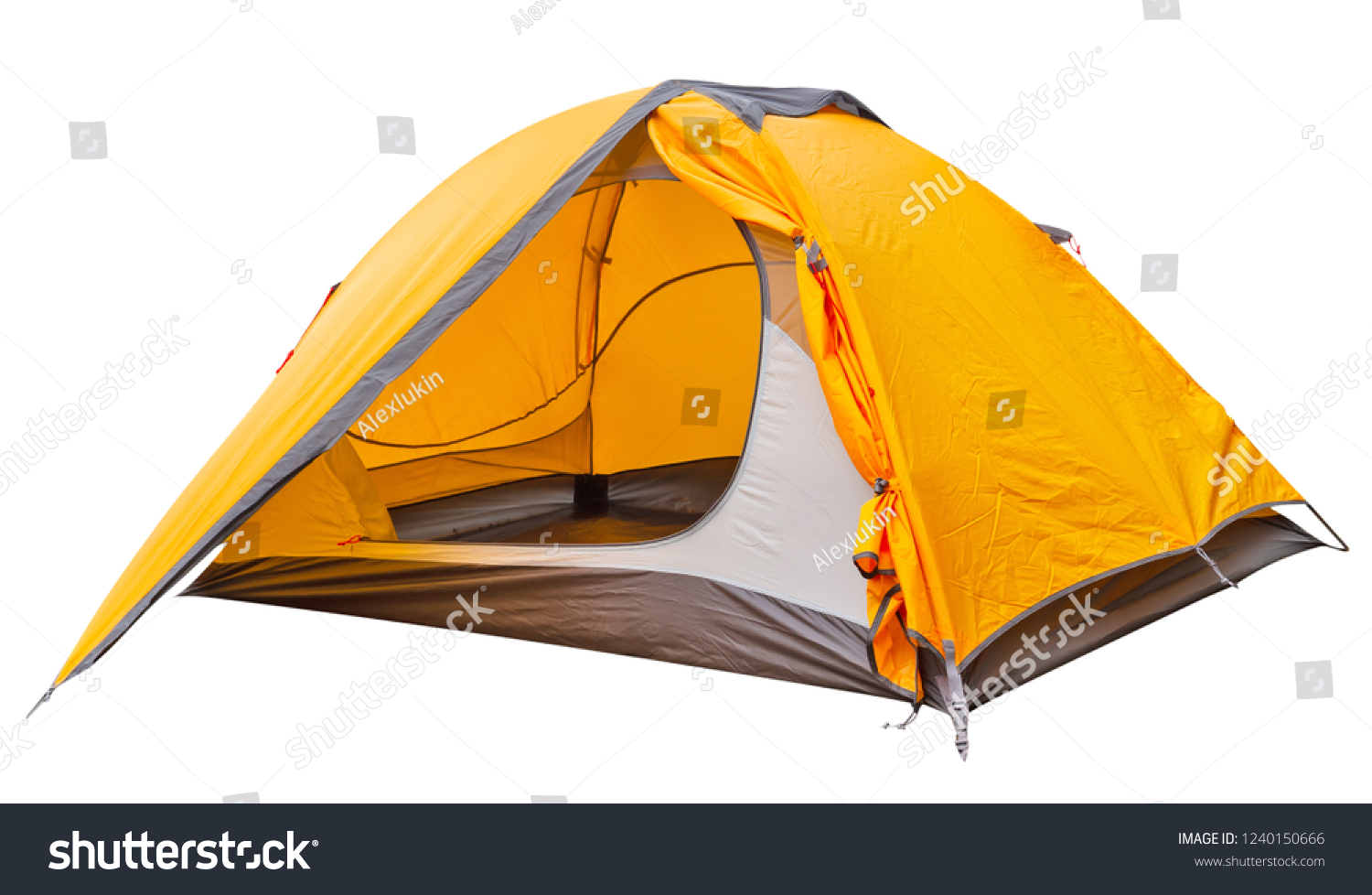 Orange open tourist tent isolated on white background #1240150666