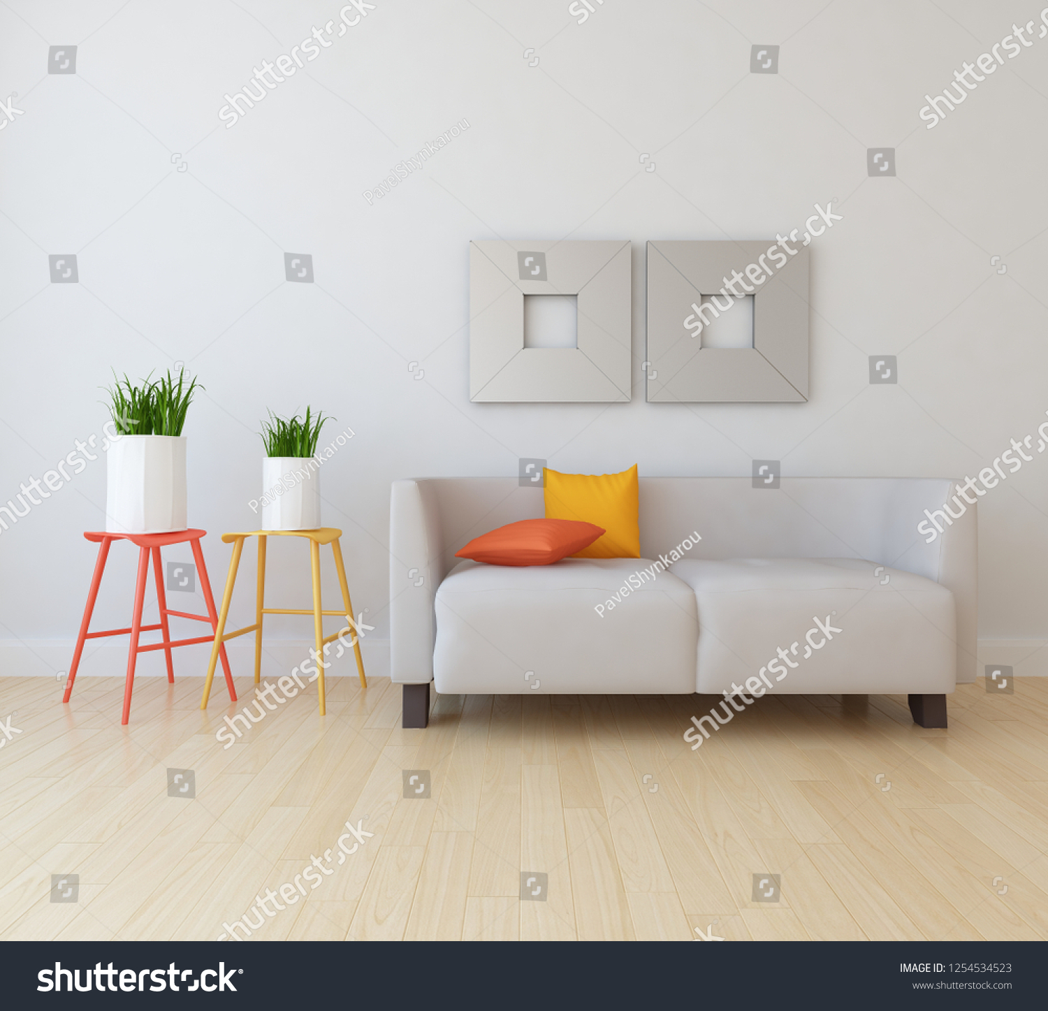Idea of a white scandinavian living room interior with sofa, vases on the wooden floor and frames on the large wall and white landscape in window. Home nordic interior. 3D illustration #1254534523