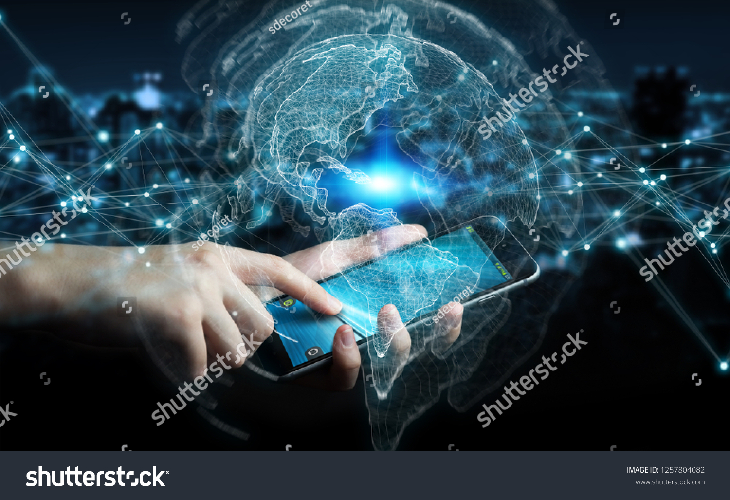 Businessman on blurred background using USA world map interface 3D rendering #1257804082
